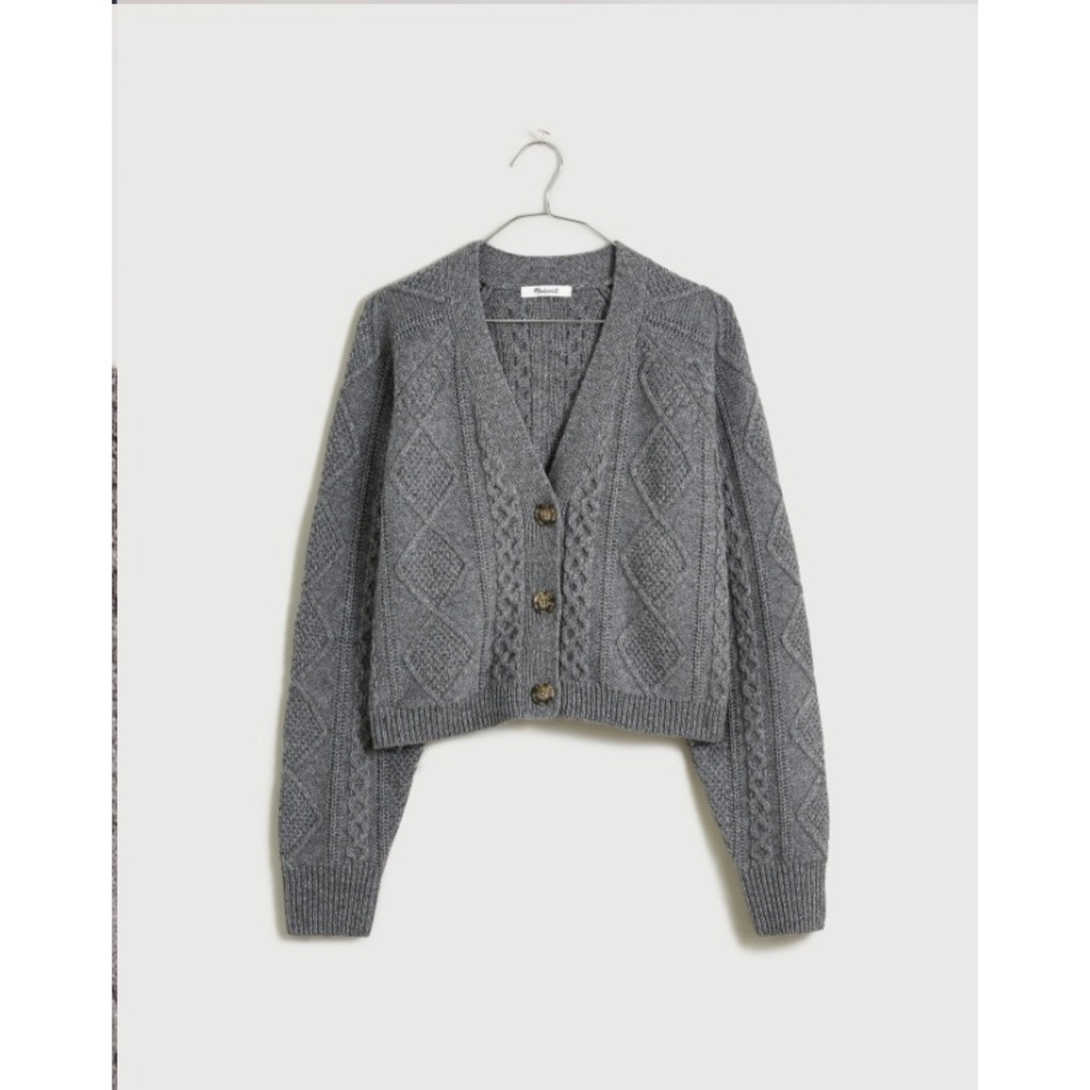 Madewell Cardigan S Cable Knit Cropped Wool Blend Gray Silver Fisherman Preppy - Picture 3 of 16